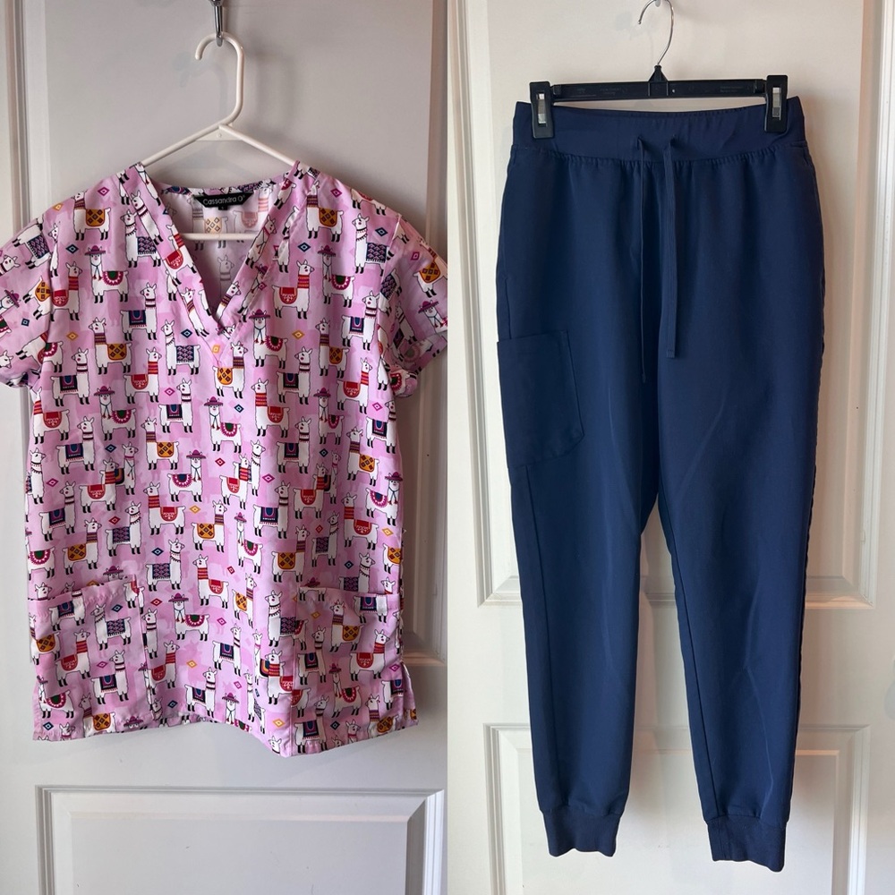 Navy Mandala Jogger Pants and pink llama top bundle. Small